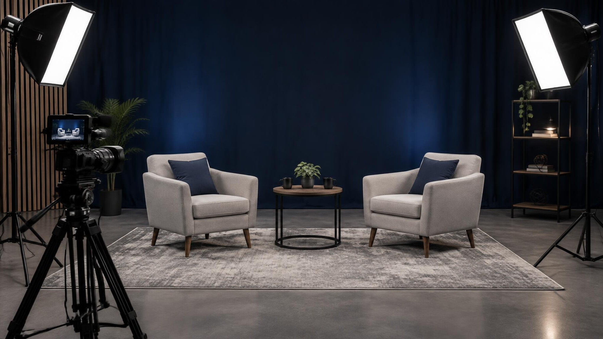 Film and TV production set with cameras and studio lights