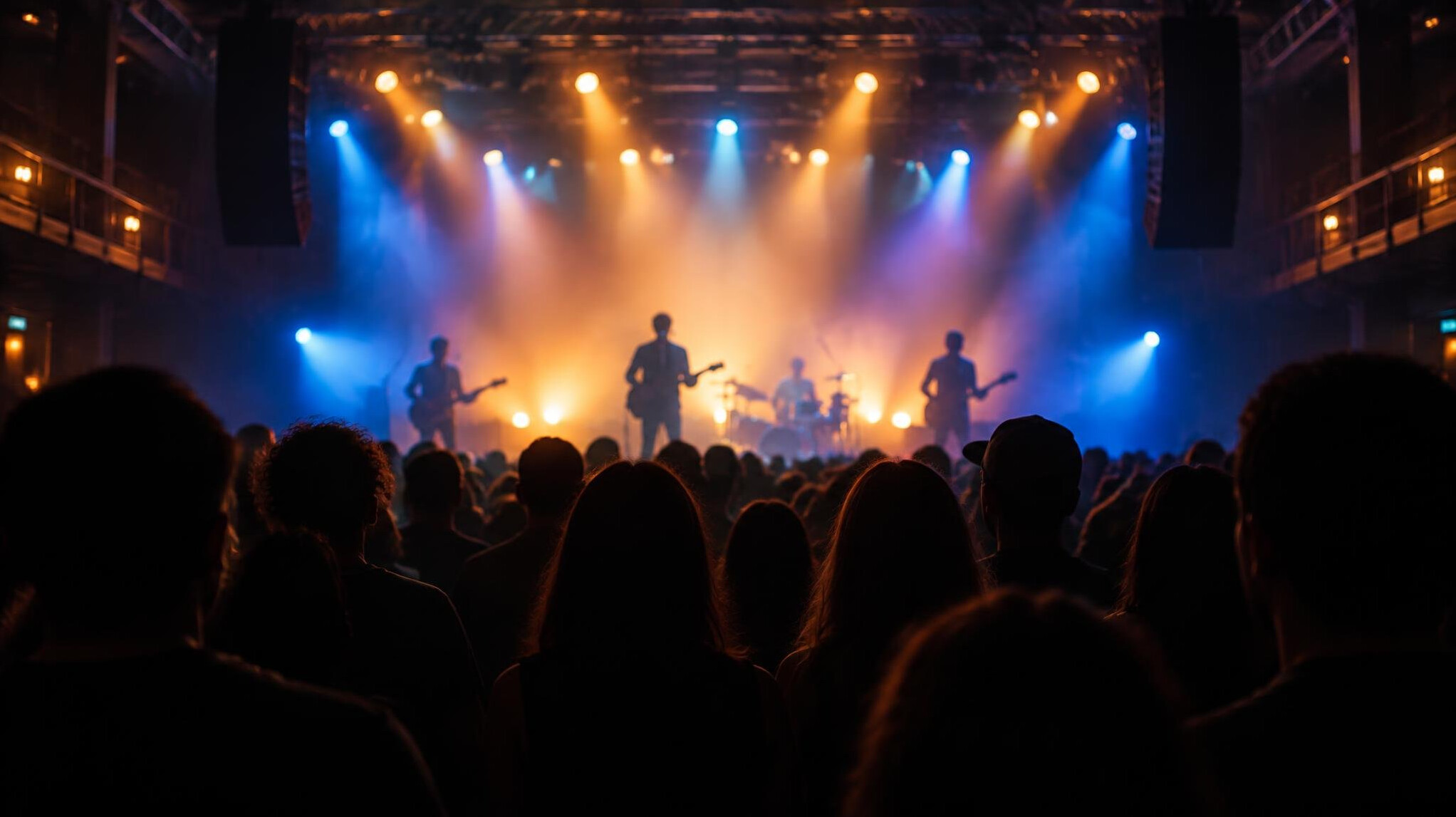 Concert stage with lights and crowd silhouettes