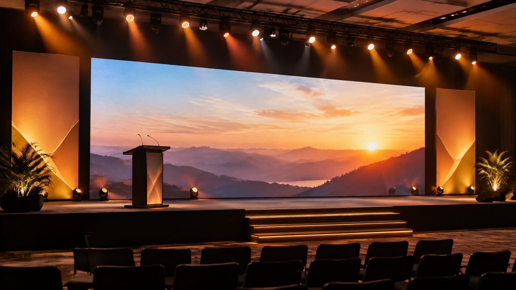Conference stage with large screen and stage lighting
