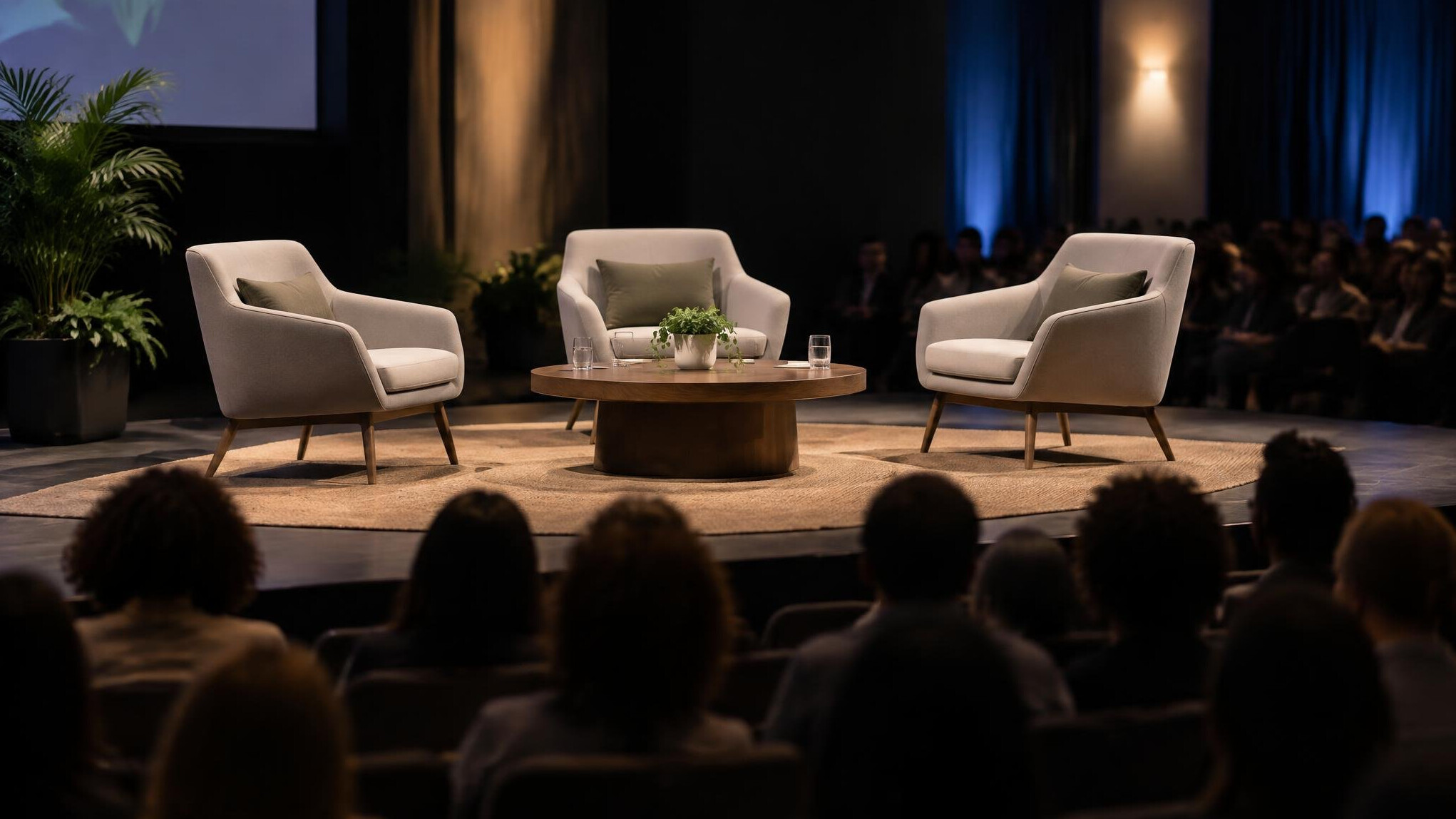 Panel conversation on a stage with audience