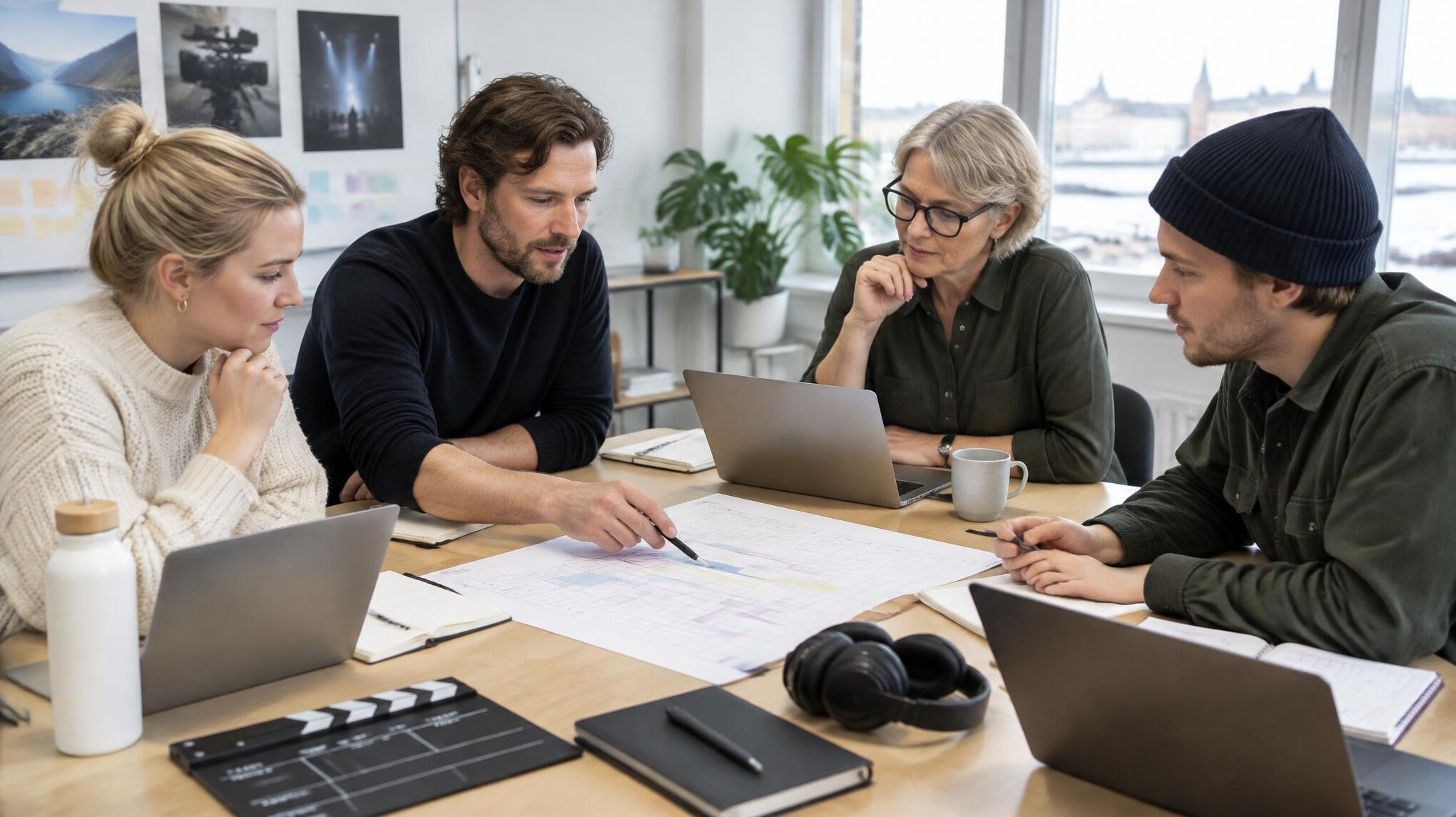 Production team meeting around a table