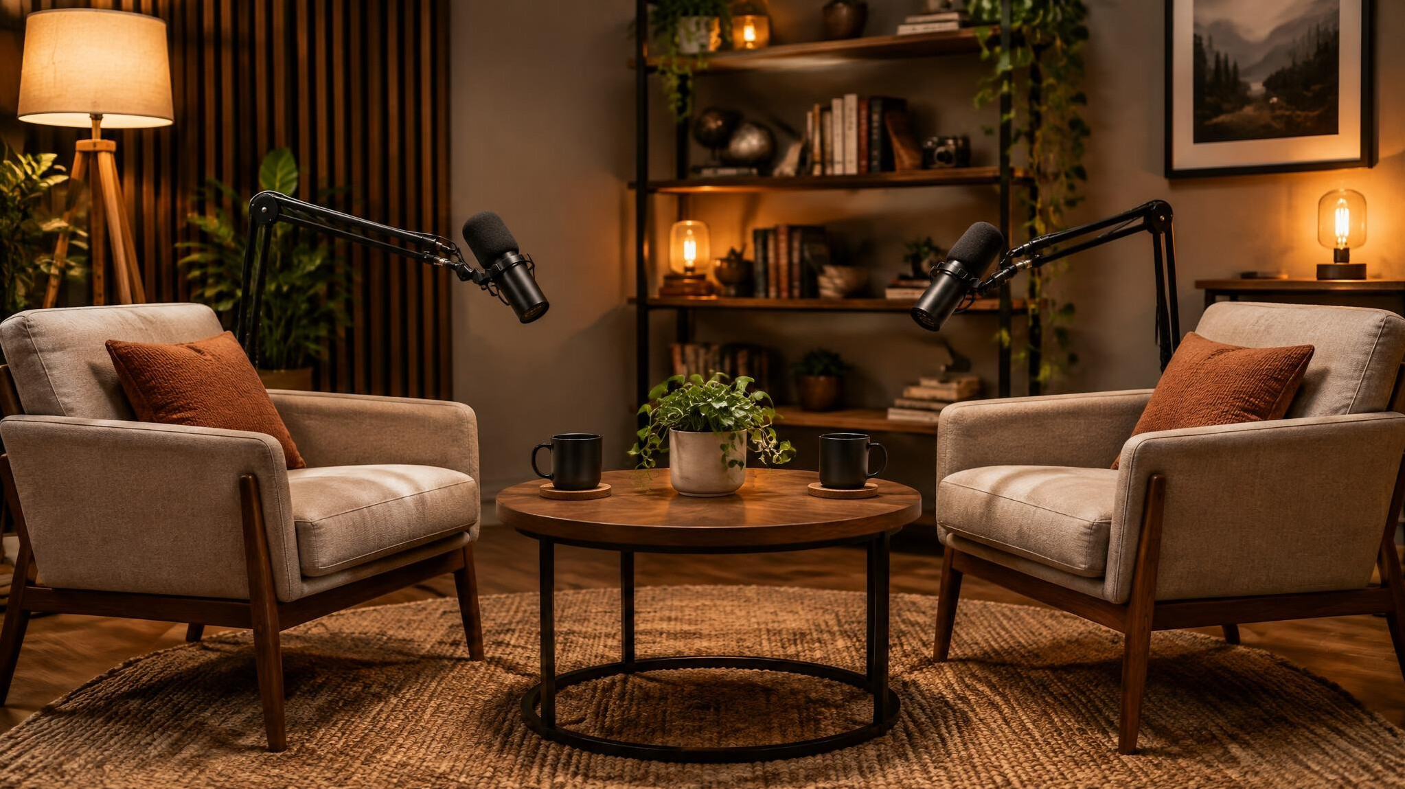 Interview set with microphones and two chairs