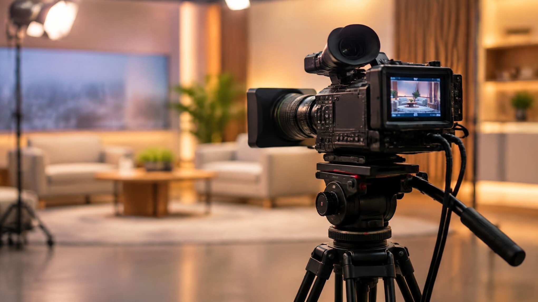 Camera on a tripod in a studio